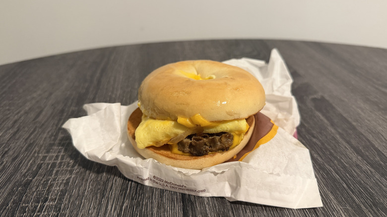 Steak, egg, and cheese on a plain bagel