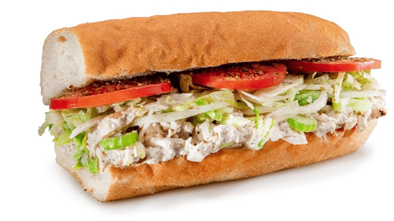 Chicken salad sub from Jersey Mike's on white background