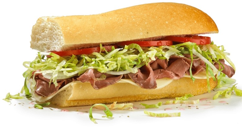 Roast beef and provolone sub from Jersey Mike's on white background