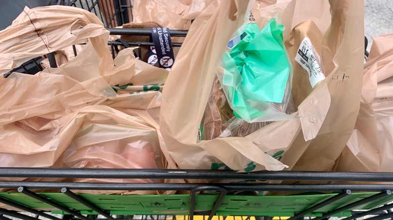 Publix shopping cart filled with plastic bags