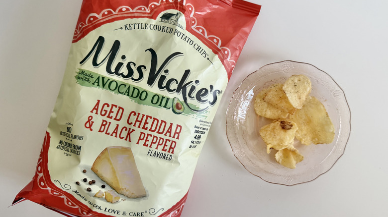 Bag of Miss Vickie's Aged Cheddar & Black Pepper chips on a table