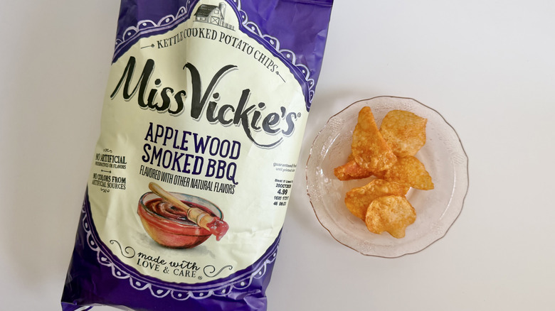 Bag of Applewood Smoked BBQ Miss Vickie's chips on a table