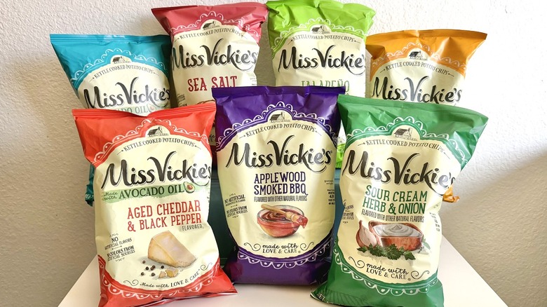 7 bags of Miss Vickie's chips on a table