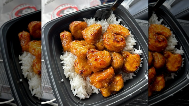 Bowl of white rice and Beyond orange chicken from Panda Express