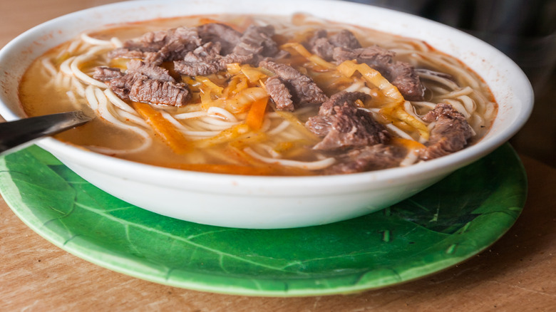 Bowl of thukpa (traditional Nepali noodle soup) with beef and carrots