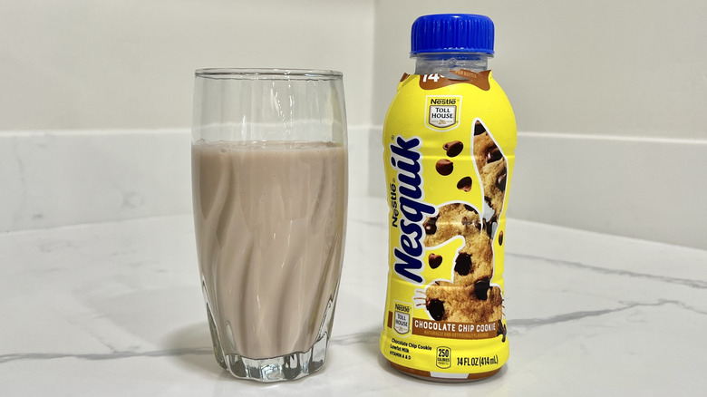 Nesquik Chocolate Chip Cookie milk in a glass.