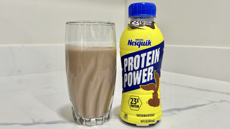 Nesquik Chocolate Protein Power milk in a glass.