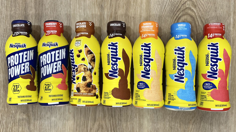 7 Nesquik milk flavors in bottles.