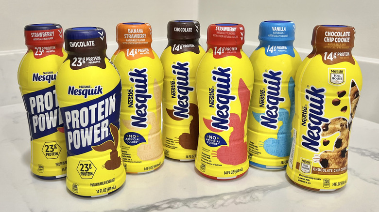 7 Nesquik milk flavors in bottles.