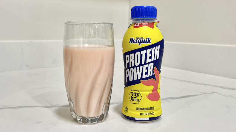 Nesquik Strawberry Protein Power milk in glass.