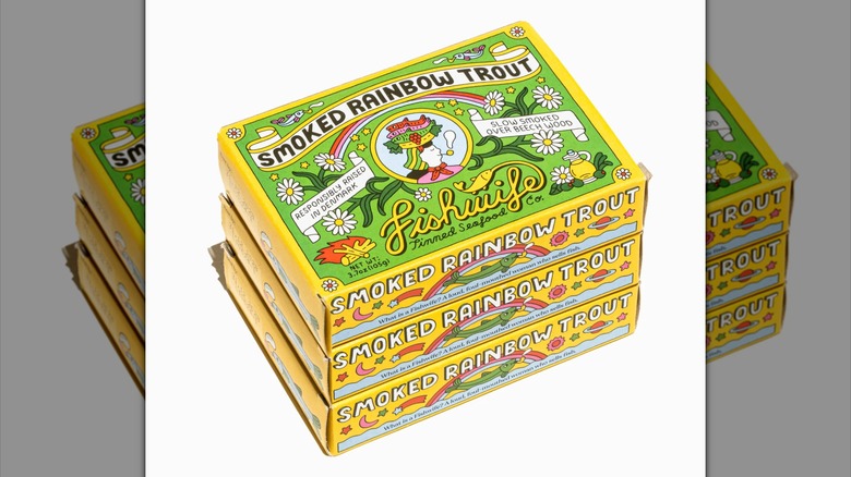 Fishwife Smoked Rainbow Trout boxes against white background, mirrored image