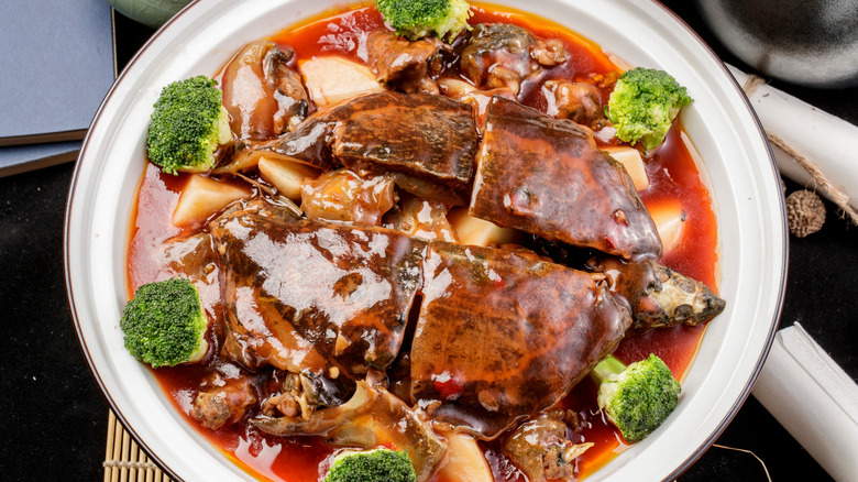 close up of turtle soup in a white dish with brocolli