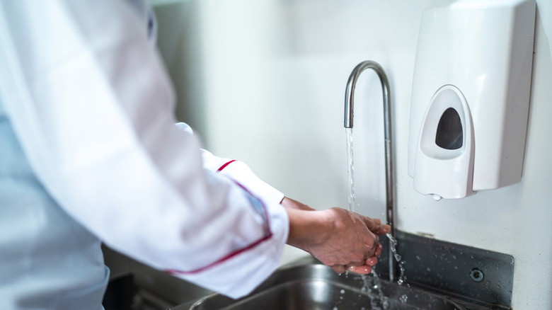 Chef washing hands in a commercial kitchen sink