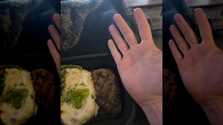 hand in front of steak and potatoes in takeout dish, mirrored image