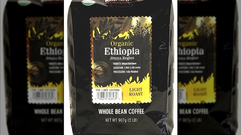 Bag of Costco Kirkland Organic Ethiopia whole bean coffee.