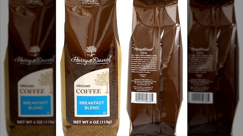Front and back of a bag of Harry and David Breakfast Blend Coffee.