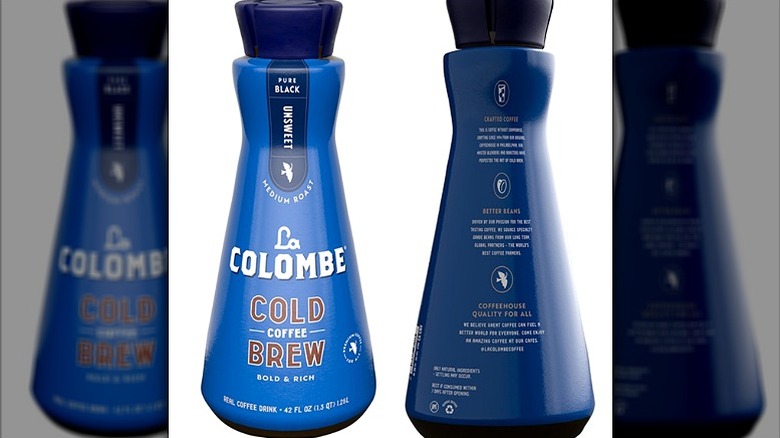Front and back of a bottle of La Colombe cold brew coffee.