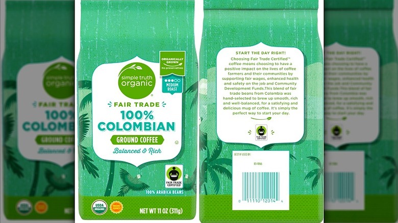 Back and front of a bag of Simple Truth Organic Colombian coffee.