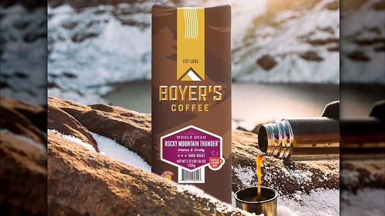 Bag of Boyer's Coffee in mountain setting.