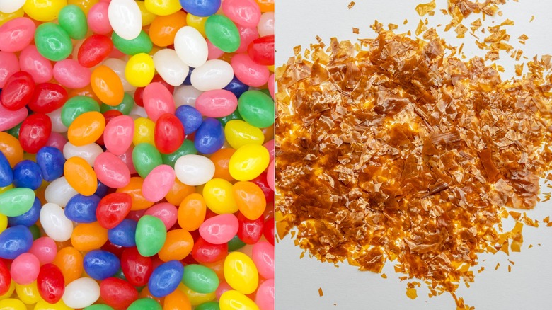 Close-up of a pile of jelly beans, crushed bug resin on a white background
