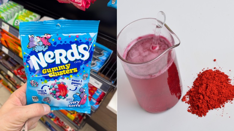 Hand holding a Nerds Gummy Clusters package, carmine powder next to a red liquid solution in a glass beaker