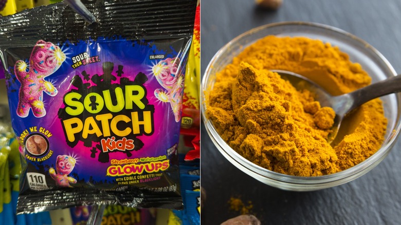 Package of Sour Patch Kids Glow Ups at a store, turmeric root next to bowl of turmeric powder