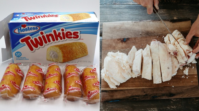Twinkies taken out of the box and lined up, hands cutting beef tallow on a cutting board