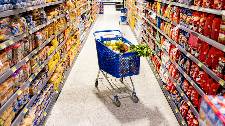 Shopping cart in grocery store aisle