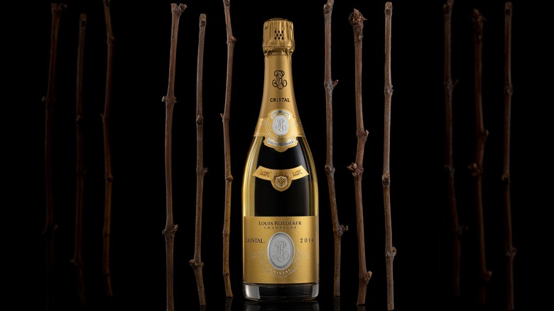 Bottle of 2024 Cristal Champagne with grapevines