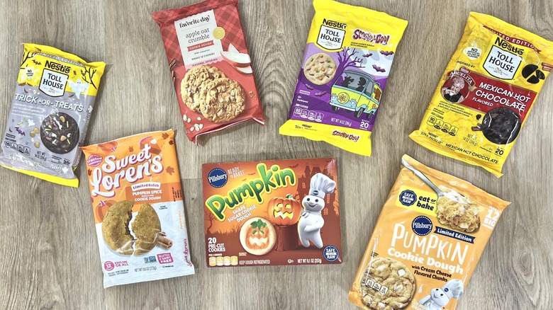 7 different kinds of fall ready-to-bake cookies in packaging