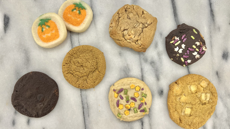 7 different kinds of fall ready-to-bake cookies on tabletop