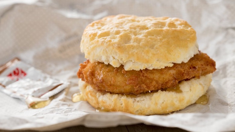 chick-fil-a chicken biscuit on wrapper