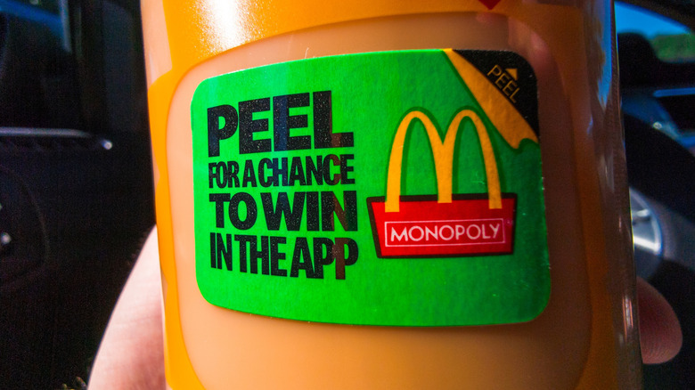 Close up of McDonald's Monopoly sticker on cup