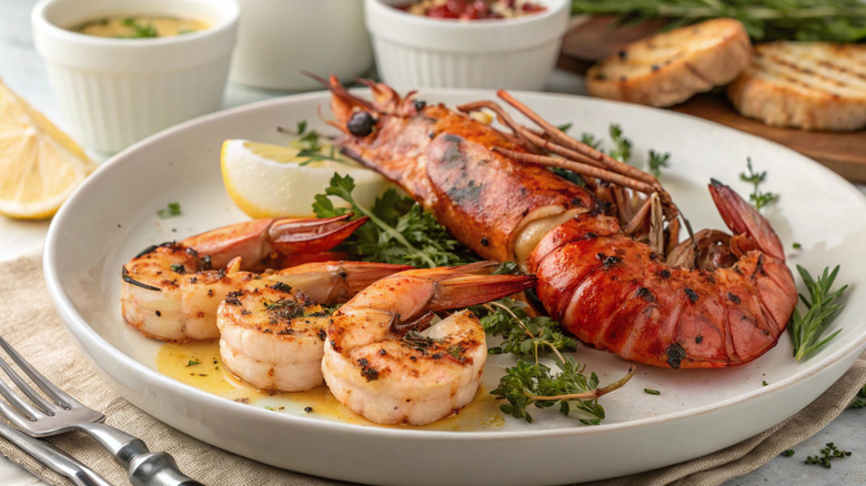 Shrimp and prawn on white plate with greens and lemon