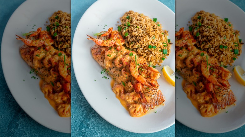 Pappadeaux Seafood Kitchen dirty rice with shrimp on white plate