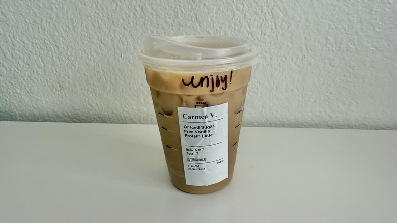 Iced Sugar-Free Vanilla Protein Latte on a white table