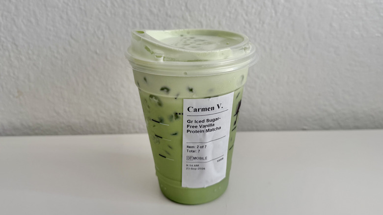 Iced Sugar-Free Vanilla Protein Matcha on a table