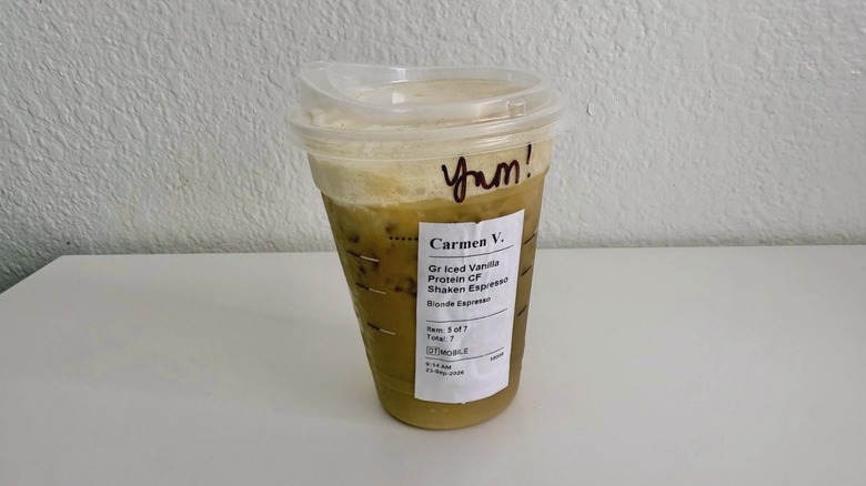 Iced Vanilla Protein Cream Shaken Espresso on a table