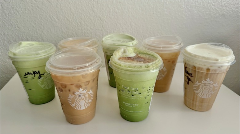 Different types of protein Starbucks drinks on a table