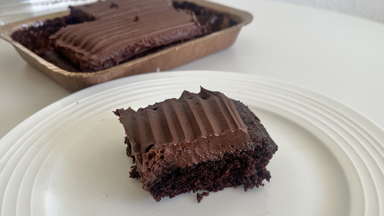 A slice of Trader Joe's Mini Sheet Cake on a plate