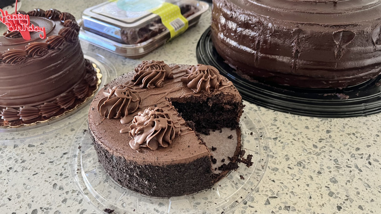 Different chocolate cakes on countertop