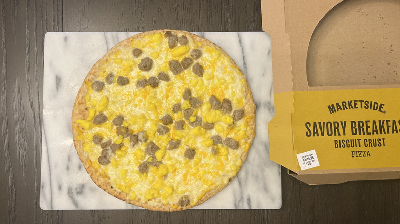 Walmart Marketside Savory Breakfast Biscuit Crust Pizza on serving tray.
