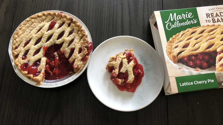 Marie Callender's cherry pie slice on a plate.
