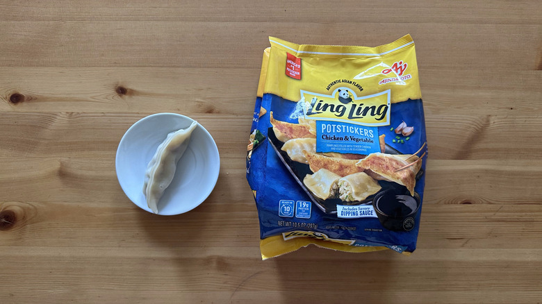 Ling Ling Chicken and Vegetable Potstickers on wooden table