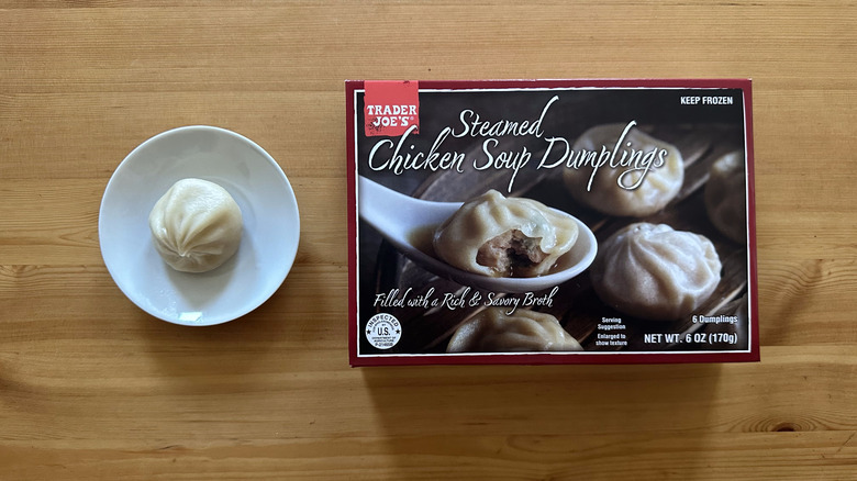 Trader Joe's Steamed Chicken Soup Dumplings on wooden table