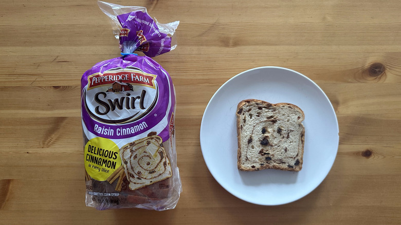Pepperidge Farm Swirl Cinnamon Raisin Bread on white plate
