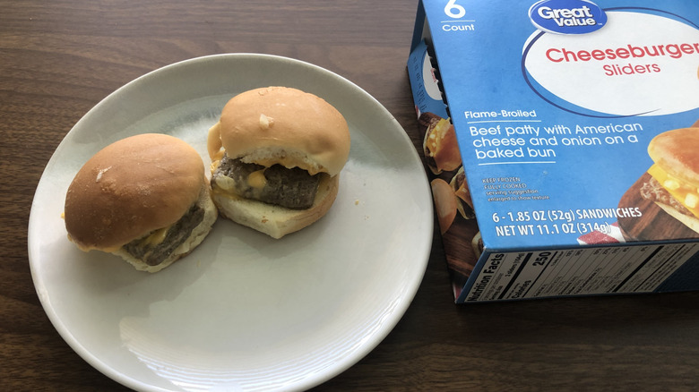 Great Value frozen cheeseburger sliders.