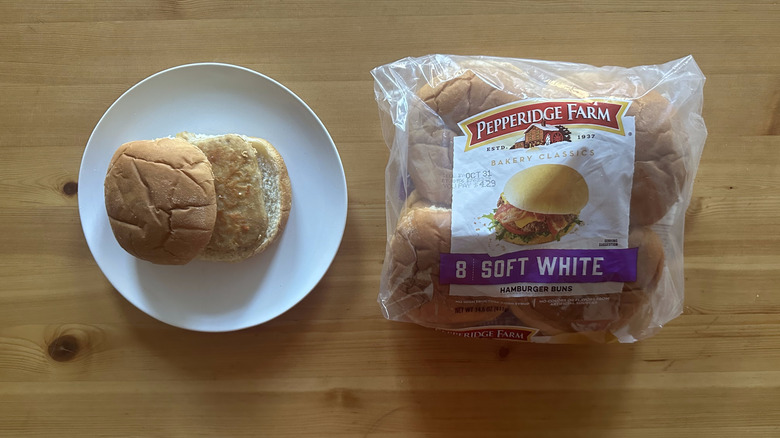 Pepperidge Farm Soft White Hamburger Buns on wooden table