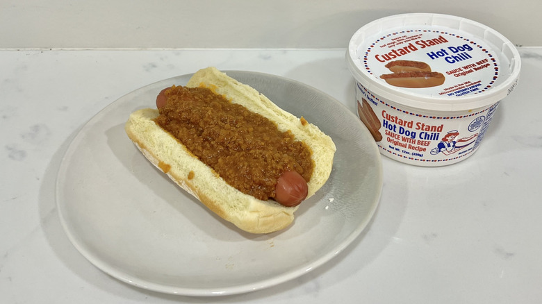 Custard Stand hot dog chili sauce on hot dog.