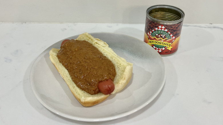 Tony Packo's hot dog sauce with beef on hot dog.